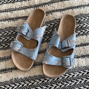 Like new! lands end womens leather slide sandal subtle sky floral sz.8.